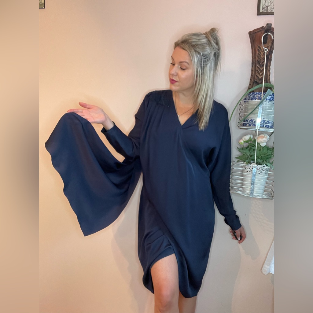 Vintage 90s Navy Blue Long Sleeve Asymmetrical Cocktail Dress, Sz L/Xl